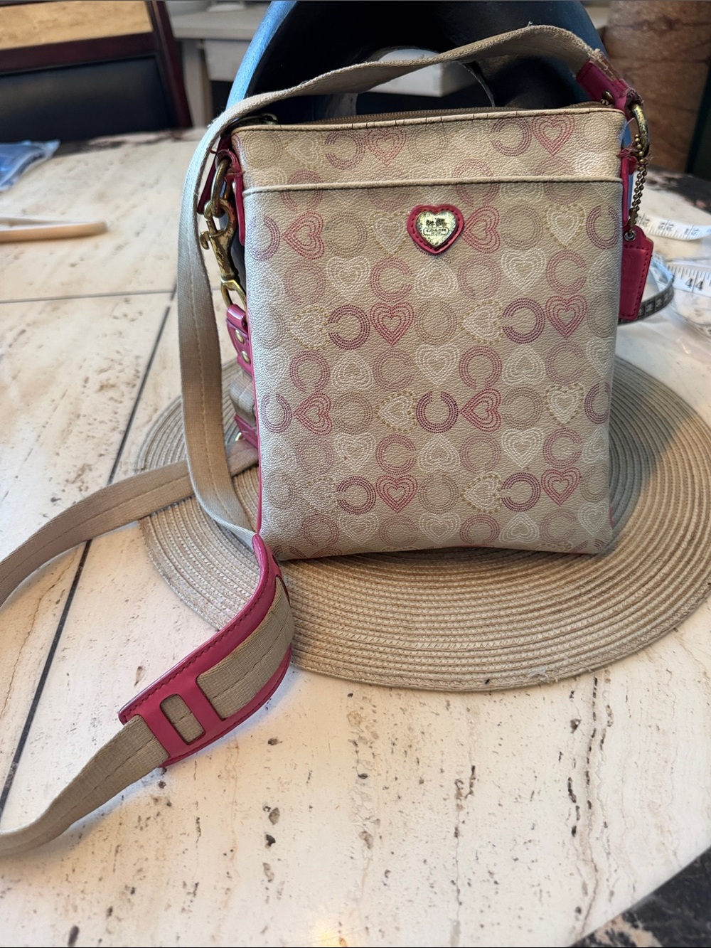 Coach Y2K Waverly Op Art Beige Crossbody with Pink Heart Motif Guitar Strap